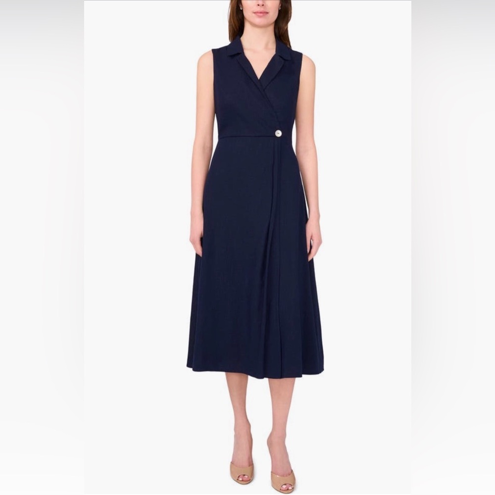 Halogen Navy Linen Blend Midi Dress Small Collared Pleated Button Lined